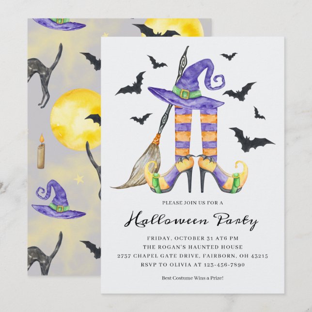Convite Bruxa de Halloween Pernas e Chapéu Festa (Frente/Verso)