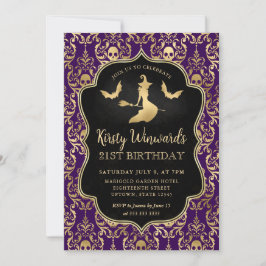 Convite Bruxa de Ouro Roxo e Crânios Damask 21º Aniversári
