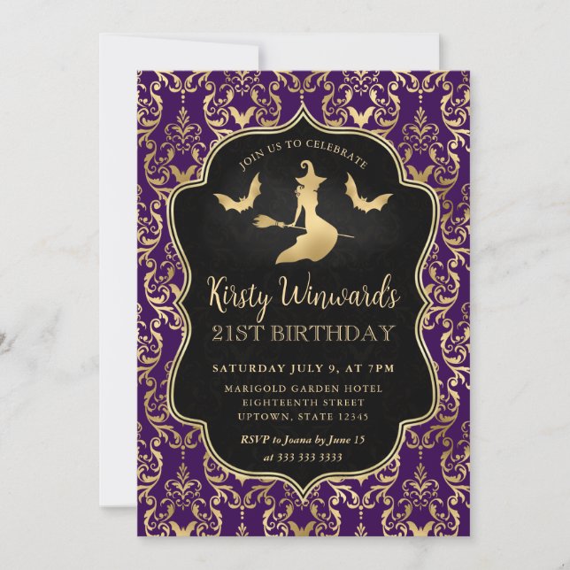 Convite Bruxa de Ouro Roxo e Morcegos Damask 21º Aniversár (Frente)