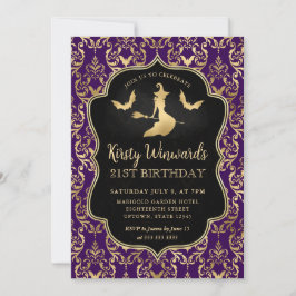 Convite Bruxa de Ouro Roxo e Morcegos Damask 21º Aniversár