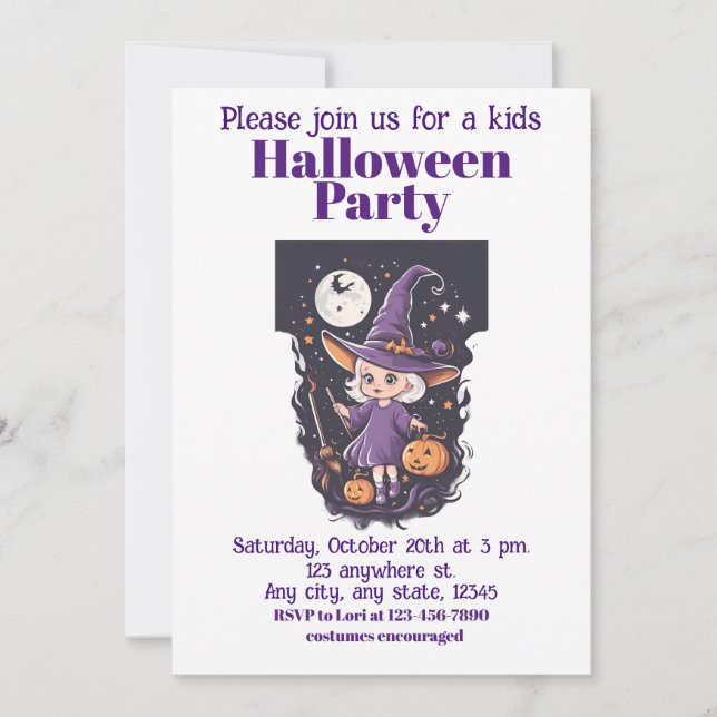 Convite bruxa do Dia das Bruxas 4 crianças, bruxaria encan (Frente)