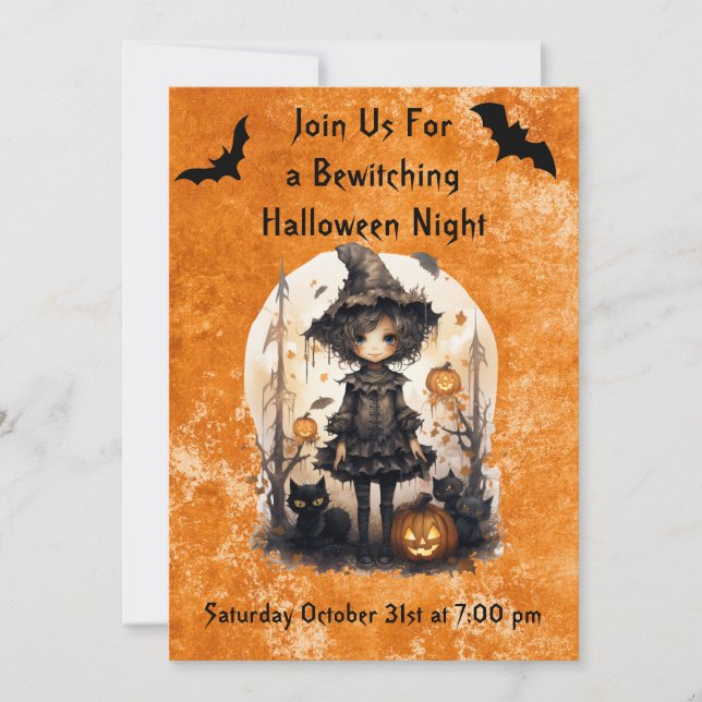 Convite Bruxa do Halloween Whimsical e seus amigos felinos (Frente)