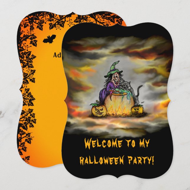 Convite Bruxa e Gato Negro, Feliz Halloween! (Frente/Verso)