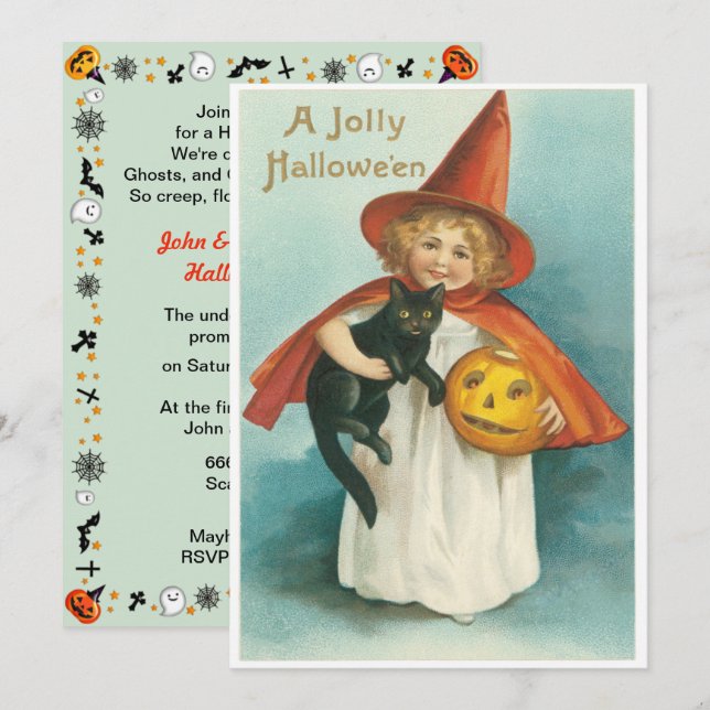 Convite Bruxa Fofa Vintage Com Gato Halloween (Frente/Verso)