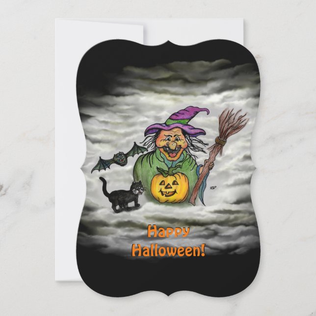 Convite Bruxa, Gato, Bat e Pumpkin, Feliz Halloween! (Frente)