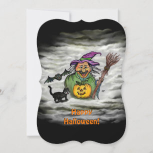Convite Bruxa, Gato, Morcego e Abóbora, Feliz Halloween !