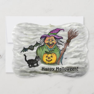 Convite Bruxa, Gato, Morcego e Abóbora, Feliz Halloween!