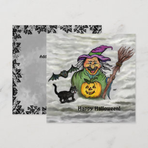 Convite Bruxa, Gato, Morcego e Abóbora, Feliz Halloween!