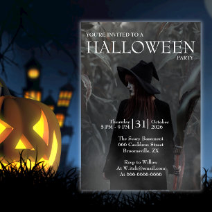 Convite Bruxa Gótica Moderna de Halloween na Floresta Escu