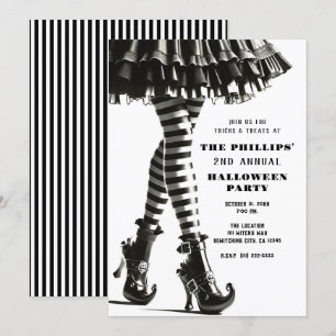 Convite Bruxa Gótica Pernas Listradas Preto Branco Hallowe