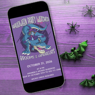 Convite Bruxa Má em Ilustração de T-Rex Festa de Halloween
