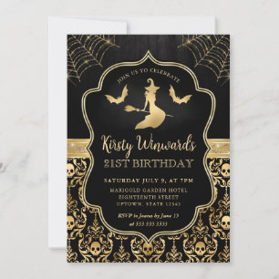 Convite Bruxa Preta e Dourada e Morcegos Damask 21º Aniver