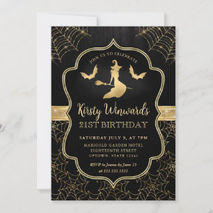 Convite Bruxa Preta e Dourada e Morcegos Damask 21º Aniver