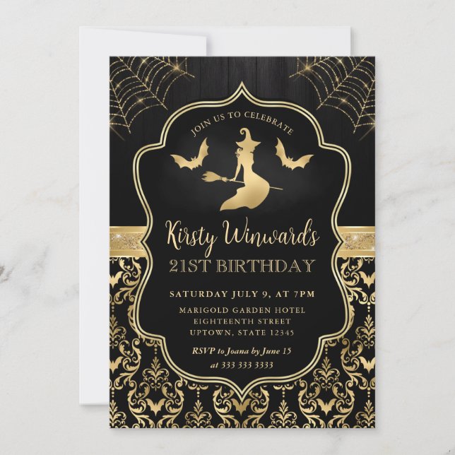 Convite Bruxa Preta e Dourada e Morcegos Damask Aniversári (Frente)