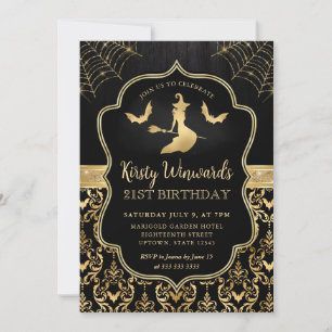 Convite Bruxa Preta e Dourada e Morcegos Damask Aniversári