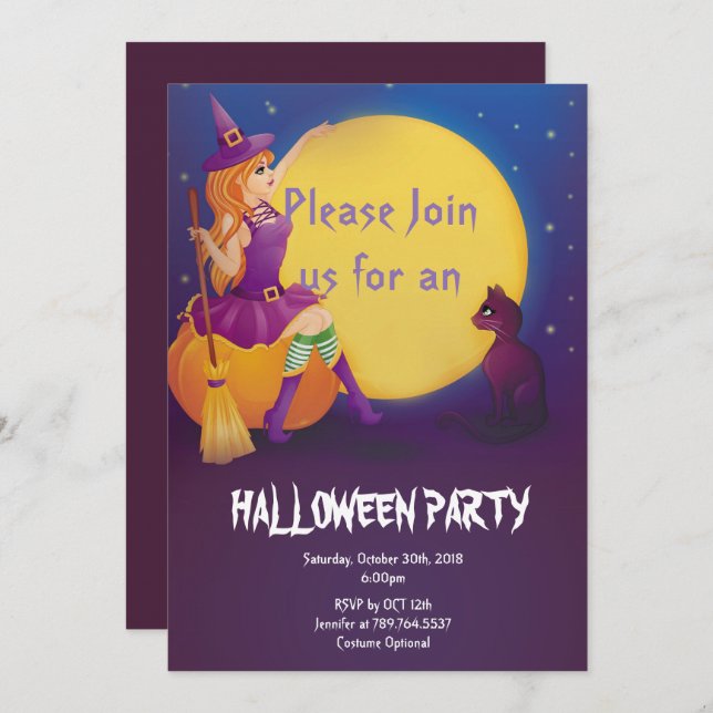 Convite bruxa sentada em abóbora com a festa do Dia das Br (Frente/Verso)
