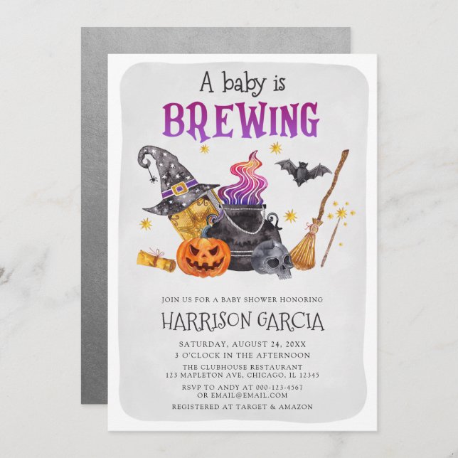 Convite Bruxa Um Bebê Está Fazendo Chá de fraldas De Hallo (Frente/Verso)