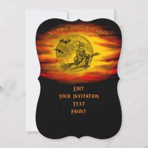 Convite bruxa voadora com gato preto, noite de halloween