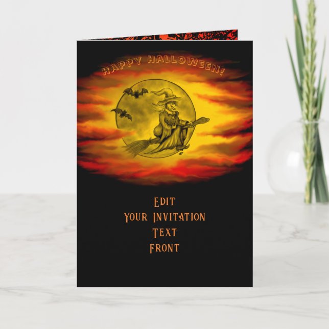 Convite bruxa voadora com gato preto, noite de halloween (Frente)