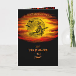 Convite bruxa voadora com gato preto, noite de halloween