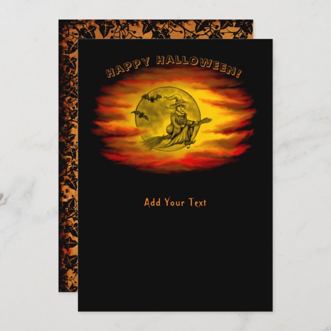 Convite bruxa voadora com gato preto, noite de halloween (Frente/Verso)