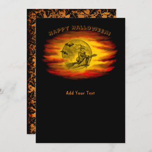 Convite bruxa voadora com gato preto, noite de halloween