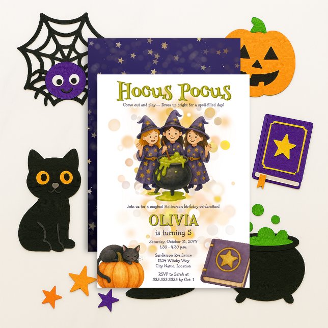 Convite Bruxas Whimsical Hocucus Poeen Aniversário (Whimsical witches hocus pocus Halloween birthday party invitation front and back view)