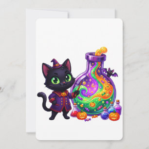 Convite Bruxo de Gato Preto Fofo Poção Mágica Halloween