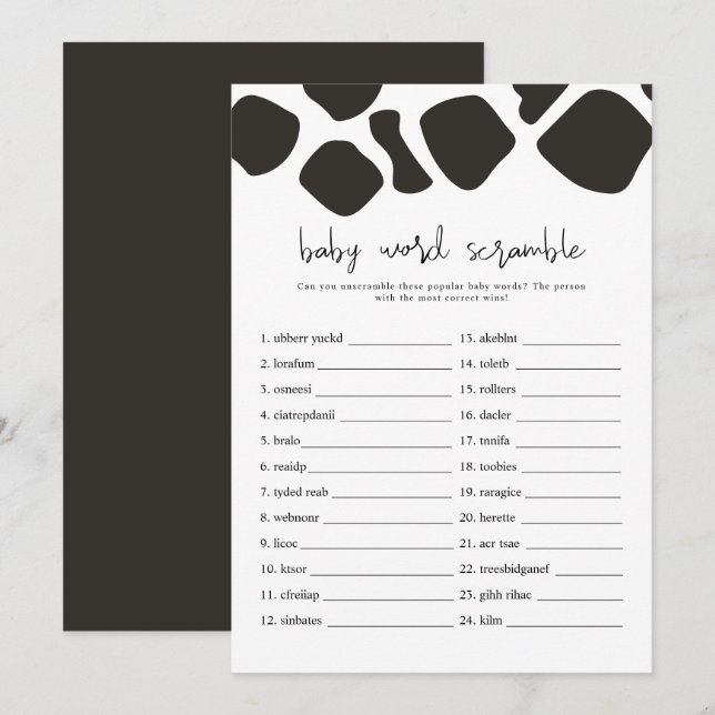 Convite BRYNDLE Modern Cow Impressão Baby Word Scramble Ga (Frente/Verso)