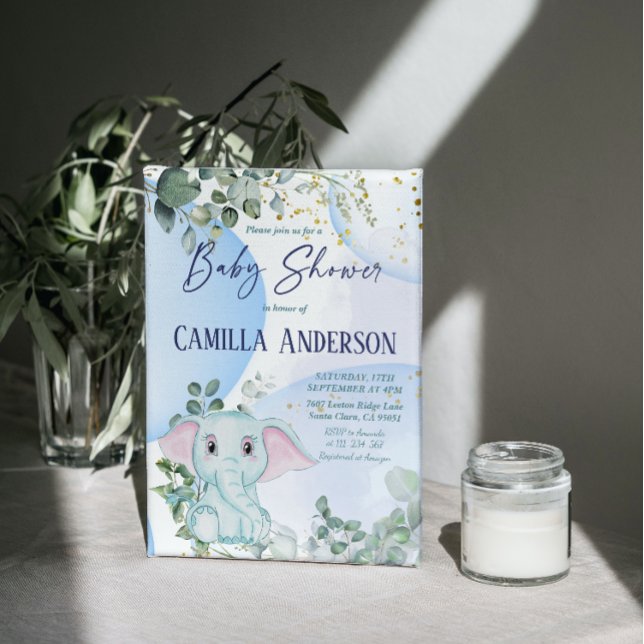 Convite Bubbles Azuis do Elefante Selvagem Safari Eucalypt (Criador carregado)