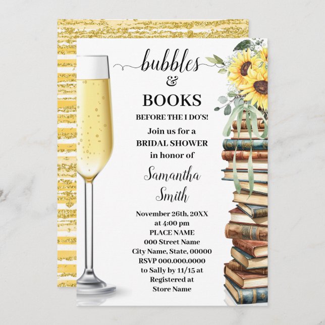 Convite Bubbles & Book Before I do Sunflower Bridal Shower (Frente/Verso)