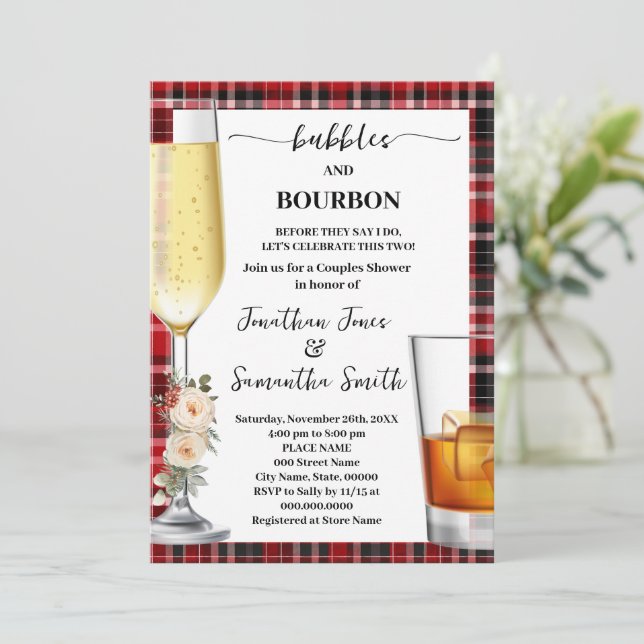 Convite Bubbles & Bourbon Winter Buffalo Plaid Shower (Em pé/Frente)