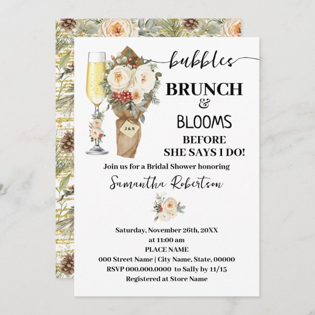 Convite Bubbles Brunch & Bloom Bridal Shower Winter Floral (Frente/Verso)