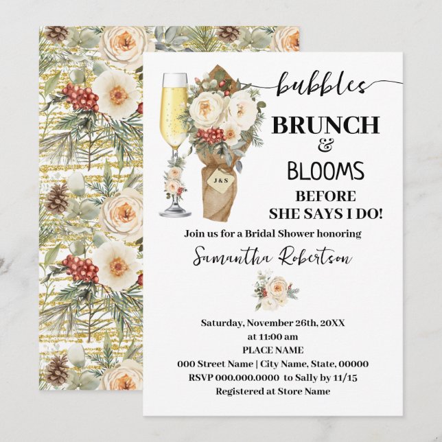 Convite Bubbles Brunch & Bloom Chá de Noiva Floral de Inve (Frente/Verso)