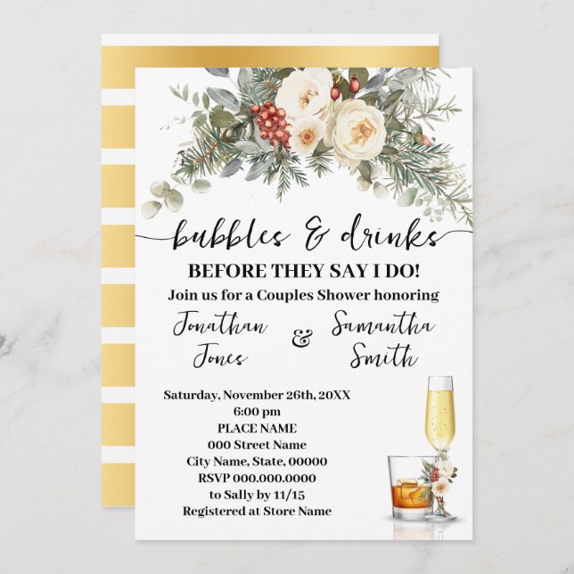 Convite Bubbles & Drinks Bridal Shower Winter Floral (Frente/Verso)