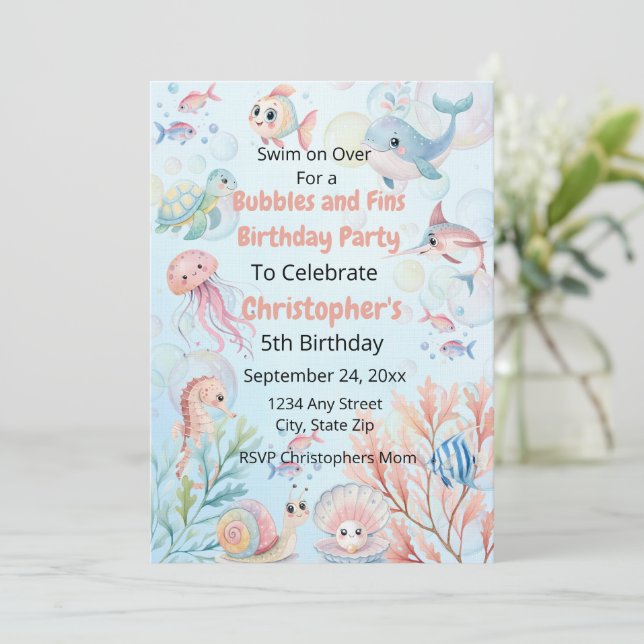Convite Bubbles & Fins Kids Ocean Birthday (Em pé/Frente)