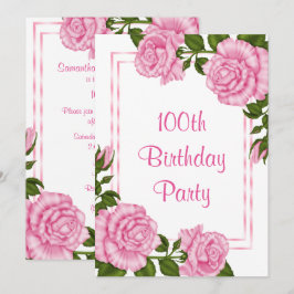 Convite Bucos de Canto Rosa Bonito para 100º Aniversário
