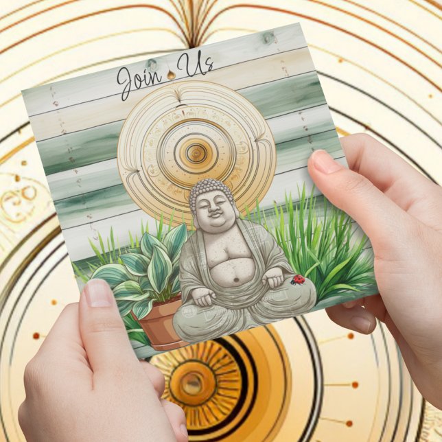 Convite Buda e Ladybug com plantas plantadas (Cute buddha with ladybug on plants customizable house warming party invitation for anyone. )