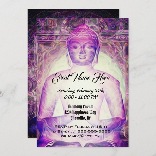 Convite Buddha roxo Meditating feliz (Frente/Verso)