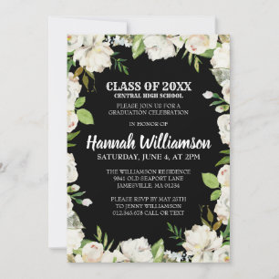 Convite Budge Black White Floral Classe de Graduação 2021