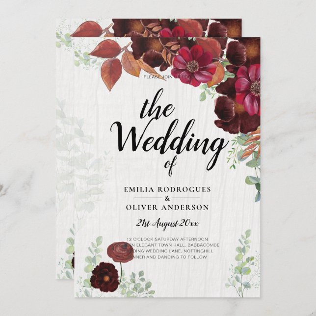 Convite BUDGET All-in-1 Rustic Fall Maroon Burgundy Casame (Frente/Verso)