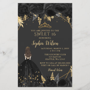 Convite Budget Black Gold Princess SWEET 16