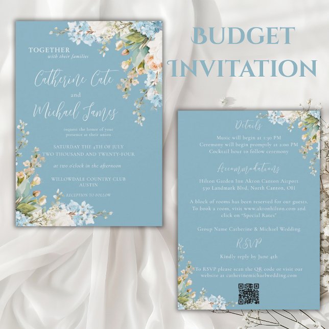 Convite Budget Blue Floral Hydrangea Elegant Wedding (Criador carregado)