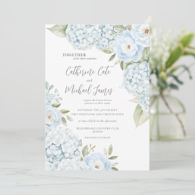 Convite Budget Blue Hydrangea Elegant Floral Wedding  (Em pé/Frente)