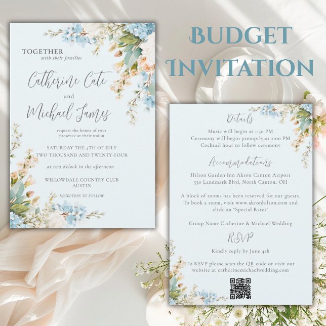 Convite Budget Blue Hydrangea Floral Elegant Wedding (Criador carregado)