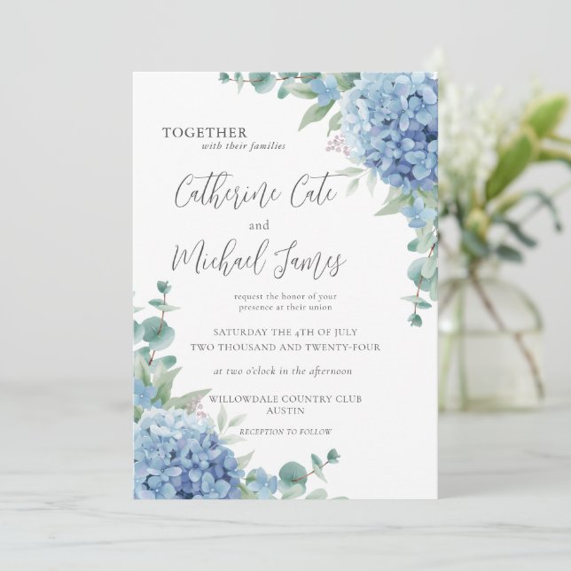 Convite Budget Blue Hydrangea Floral Elegant Wedding (Em pé/Frente)