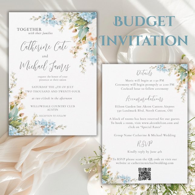 Convite Budget Blue & White Floral Elegant Wedding (Criador carregado)