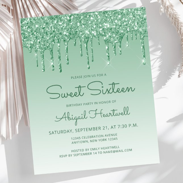 Convite Budget Glitter Drip Verde Sweet 16 (Criador carregado)