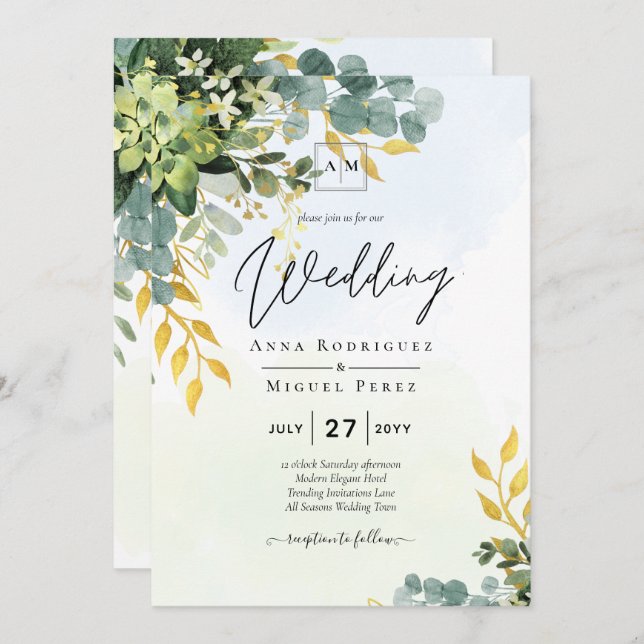 Convite BUDGET Greenery Dourado Eucalyptus deixa casamento (Frente/Verso)