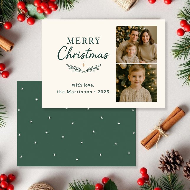 Convite Budget Merry Christmas Two Photo Holiday Flat Card (Criador carregado)